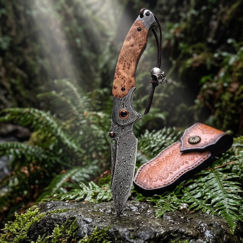 Vintage Collectible Knife - Pisau Lipat Pola Damaskus Kekuatan Tinggi